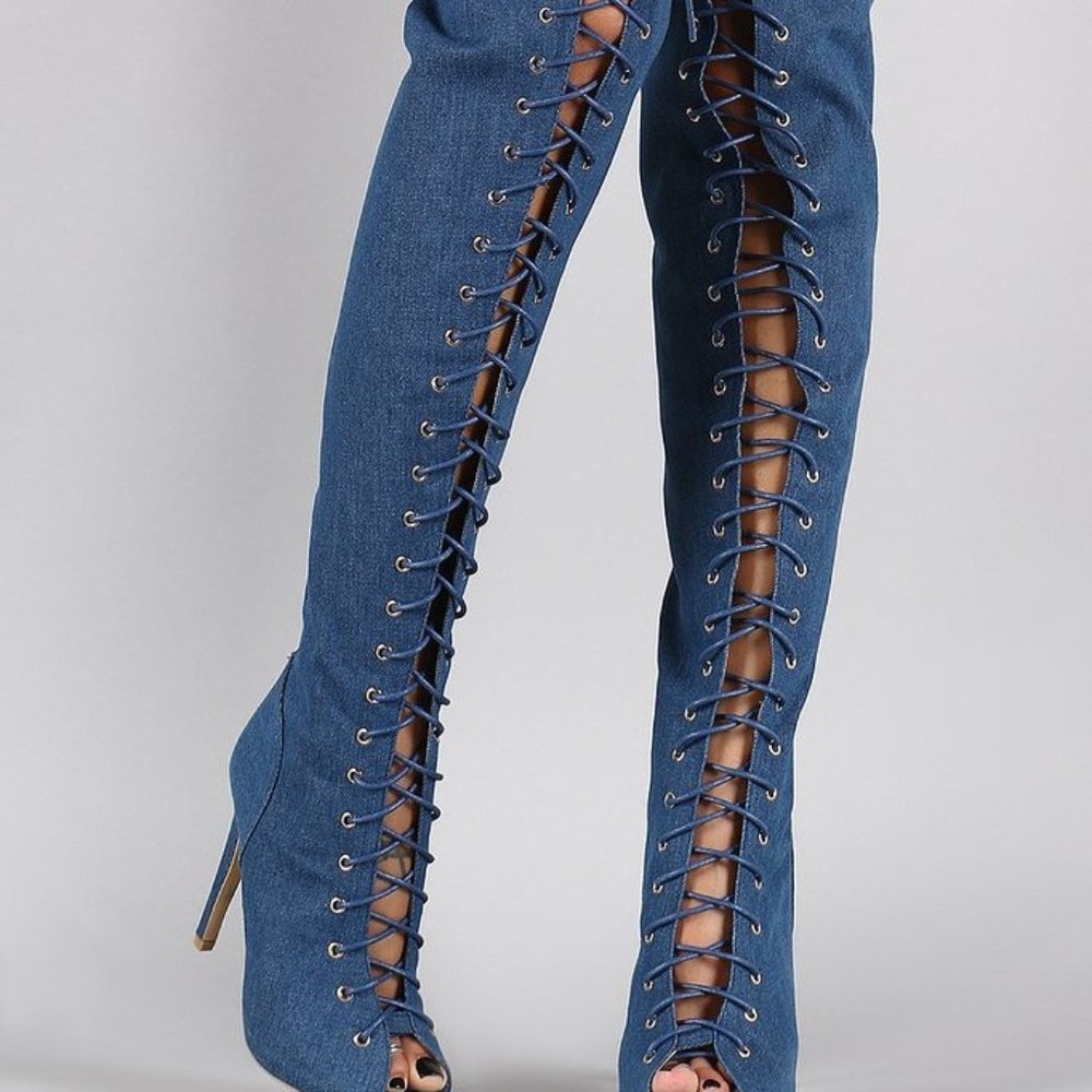 Denim Knee Length Boots